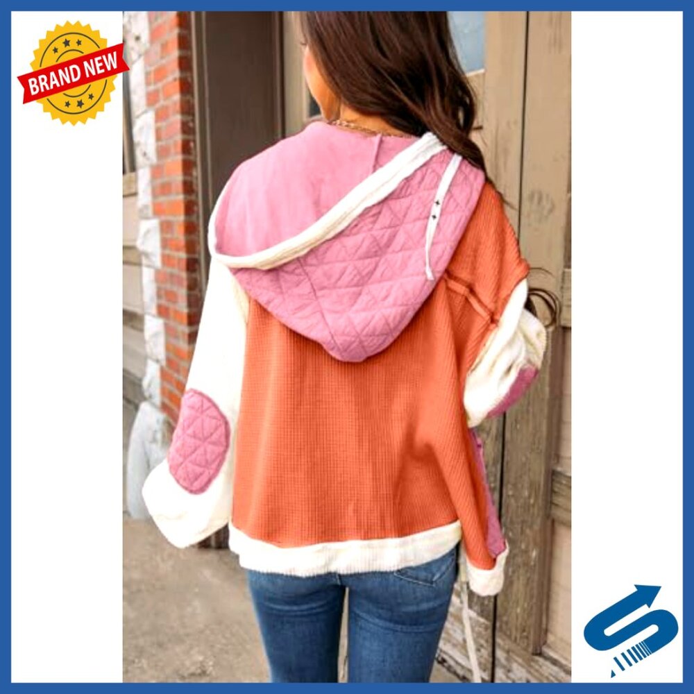 Quilted Patchwork Shacket Hooded Jacket Long Slee… - image 2